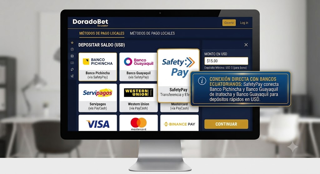 Panel de depósito con SafetyPay, bancos locales y Binance Pay